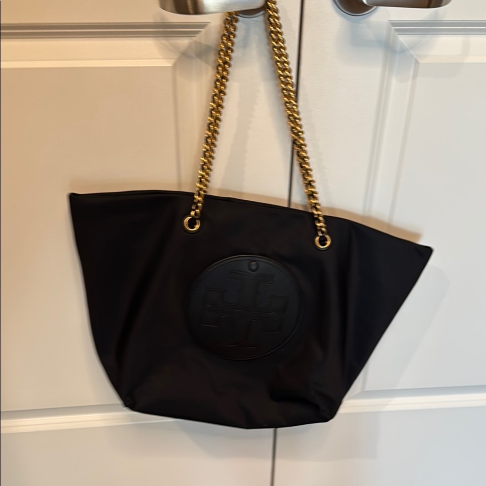 Tory Burch Black and Gold Tote with Elegant Chain